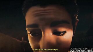 Animación 3D. Lara Croft estudia la cultura de la tribu . subtitulos, Español