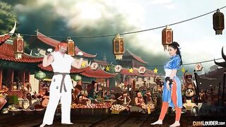 Videojuego Street Fighter. Nick Moreno es Riu. Marta Lacroft es Chun Li. Combate final