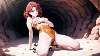 Una joven de cabello rizado tiene una aventura con un joven en una cueva con un manan